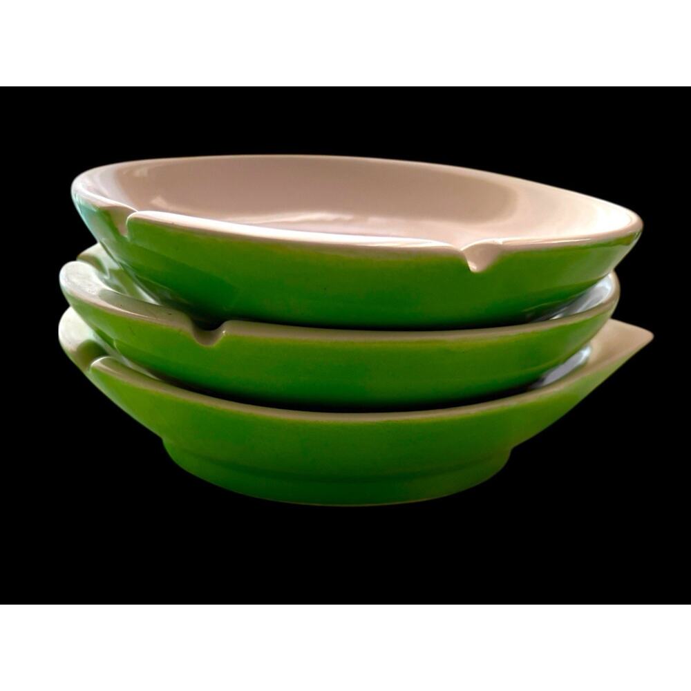 Set of 3 Atomic Era Mid Century Modern Green & White Stackable Ashtrays 6”